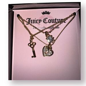 Juicy Couture Gold Tone Necklace Heart Key Crystal‎ Pendant Charms